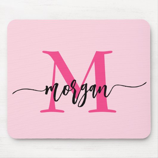 Hot Pink Modern Script Girly Monogram Naam Muismat (Voorkant)