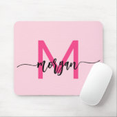 Hot Pink Modern Script Girly Monogram Naam Muismat (Met muis)