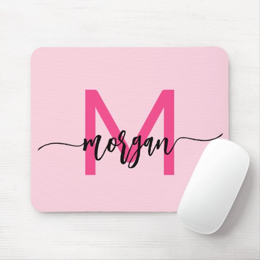 Hot Pink Modern Script Girly Monogram Naam Muismat (Met muis)