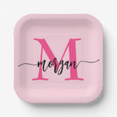 Hot Pink Modern Script Girly Monogram Naam Papieren Bordje (Voorkant)