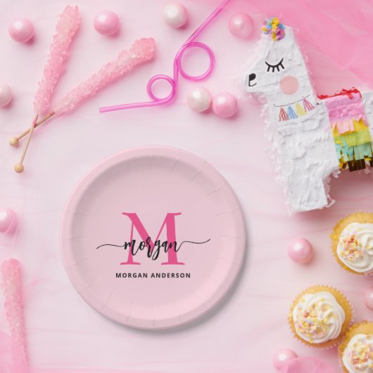 Hot Pink Modern Script Girly Monogram Naam Papieren Bordje (Feest)