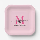 Hot Pink Modern Script Girly Monogram Naam Papieren Bordje (Voorkant)