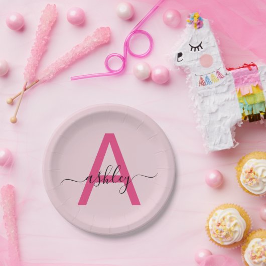 Hot Pink Modern Script Girly Monogram Naam Papieren Bordje (Feest)