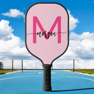 Hot Pink Modern Script Girly Monogram Naam Pickleball Paddle
