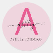 Hot Pink Modern Script Girly Monogram Naam Ronde Sticker (Voorkant)