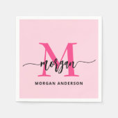 Hot Pink Modern Script Girly Monogram Naam Servet (Voorkant)