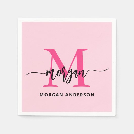 Hot Pink Modern Script Girly Monogram Naam Servet (Voorkant)