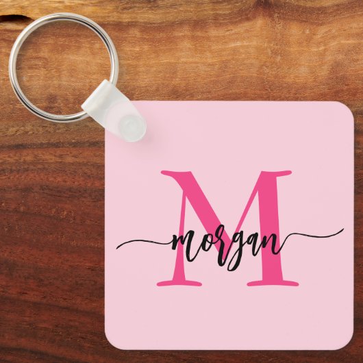 Hot Pink Modern Script Girly Monogram Naam Sleutelhanger (Voorkant)