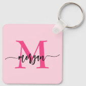 Hot Pink Modern Script Girly Monogram Naam Sleutelhanger (Achterkant)