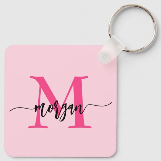 Hot Pink Modern Script Girly Monogram Naam Sleutelhanger (Achterkant)