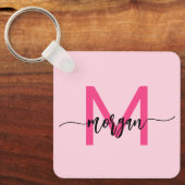 Hot Pink Modern Script Girly Monogram Naam Sleutelhanger (Voorkant)