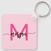 Hot Pink Modern Script Girly Monogram Naam Sleutelhanger (Achterkant)