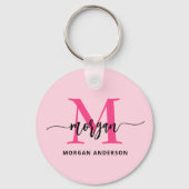 Hot Pink Modern Script Girly Monogram Naam Sleutelhanger (Achterkant)
