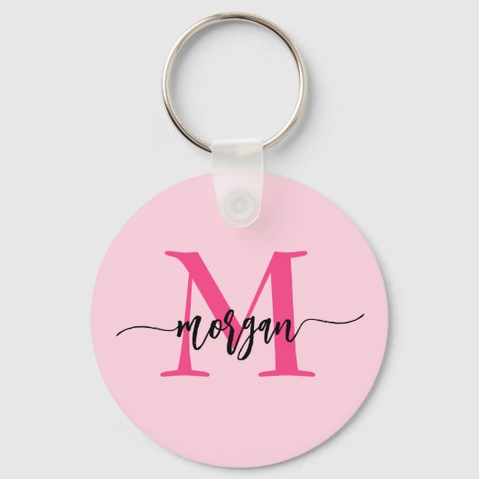 Hot Pink Modern Script Girly Monogram Naam Sleutelhanger (Achterkant)