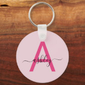 Hot Pink Modern Script Girly Monogram Naam Sleutelhanger (Voorkant)