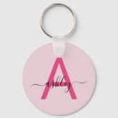 Hot Pink Modern Script Girly Monogram Naam Sleutelhanger (Achterkant)