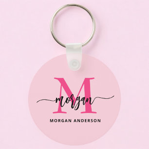 Hot Pink Modern Script Girly Monogram Naam Sleutelhanger