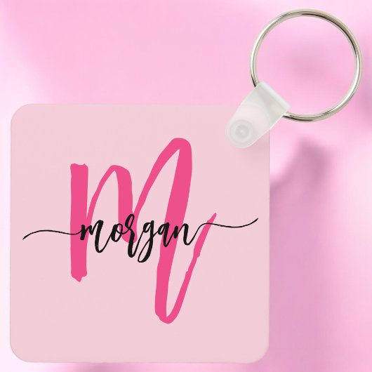 Hot Pink Modern Script Girly Monogram Naam Sleutelhanger