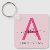 Hot Pink Modern Script Girly Monogram Naam Sleutelhanger (Voorkant)