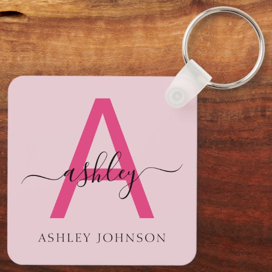 Hot Pink Modern Script Girly Monogram Naam Sleutelhanger (Achterkant)