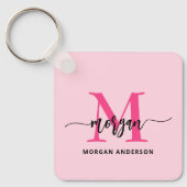 Hot Pink Modern Script Girly Monogram Naam Sleutelhanger (Voorkant)
