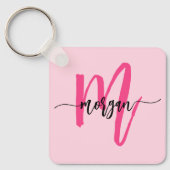 Hot Pink Modern Script Girly Monogram Naam Sleutelhanger (Voorkant)
