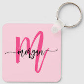 Hot Pink Modern Script Girly Monogram Naam Sleutelhanger (Achterkant)