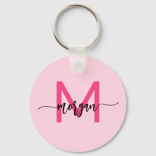 Hot Pink Modern Script Girly Monogram Naam Sleutelhanger (Voorkant)
