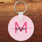 Hot Pink Modern Script Girly Monogram Naam Sleutelhanger (Voorkant)