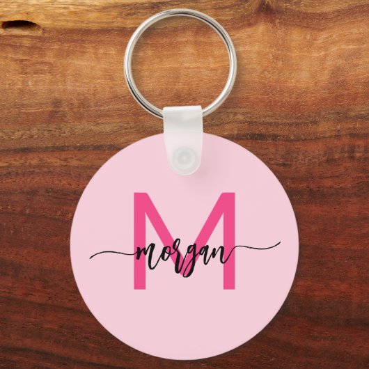 Hot Pink Modern Script Girly Monogram Naam Sleutelhanger (Voorkant)