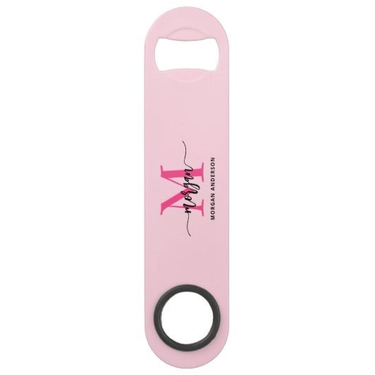 Hot Pink Modern Script Girly Monogram Naam Speed Flessenopener (Voorkant)