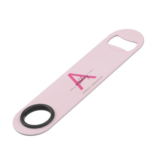 Hot Pink Modern Script Girly Monogram Naam Speed Flessenopener (Achterkant Gekanteld)