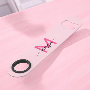 Hot Pink Modern Script Girly Monogram Naam Speed Flessenopener
