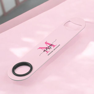 Hot Pink Modern Script Girly Monogram Naam Speed Flessenopener