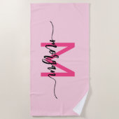 Hot Pink Modern Script Girly Monogram Naam Strandlaken (Voorkant)