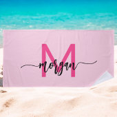 Hot Pink Modern Script Girly Monogram Naam Strandlaken