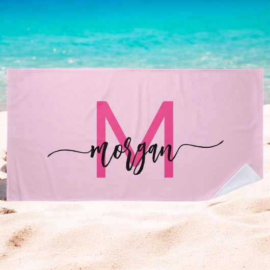 Hot Pink Modern Script Girly Monogram Naam Strandlaken