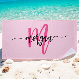 Hot Pink Modern Script Girly Monogram Naam Strandlaken