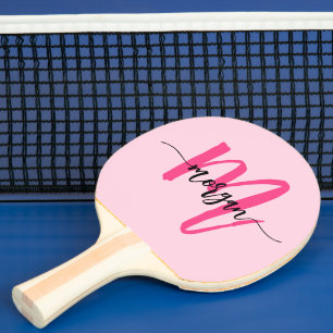 Hot Pink Modern Script Girly Monogram Naam Tafeltennisbatje