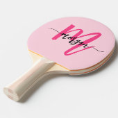 Hot Pink Modern Script Girly Monogram Naam Tafeltennisbatje (Voorkant Gekanteld)