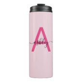 Hot Pink Modern Script Girly Monogram Naam Thermosbeker (Voorkant)