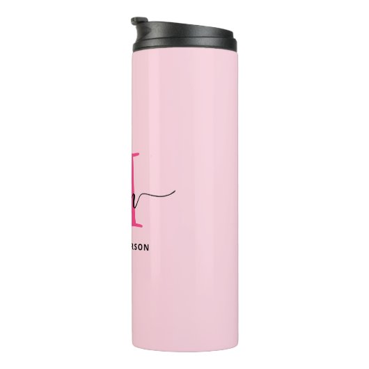 Hot Pink Modern Script Girly Monogram Naam Thermosbeker (Geroteerd rechts)