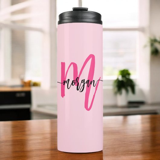 Hot Pink Modern Script Girly Monogram Naam Thermosbeker