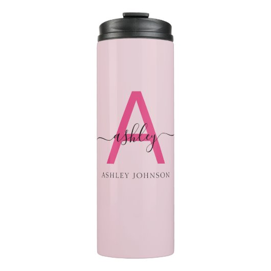 Hot Pink Modern Script Girly Monogram Naam Thermosbeker (Voorkant)