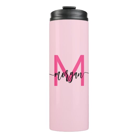 Hot Pink Modern Script Girly Monogram Naam Thermosbeker (Voorkant)