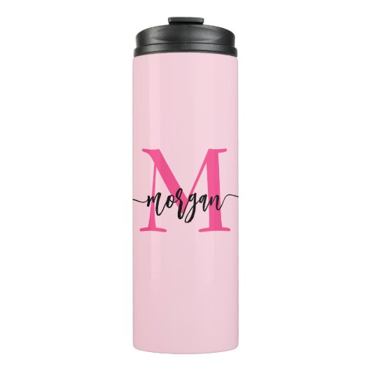 Hot Pink Modern Script Girly Monogram Naam Thermosbeker (Voorkant)