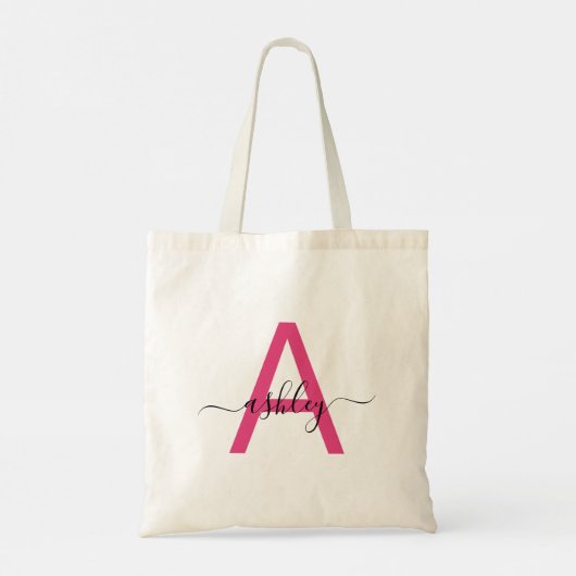Hot Pink Modern Script Girly Monogram Naam Tote Bag (Achterkant)