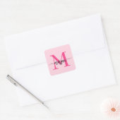Hot Pink Modern Script Girly Monogram Naam Vierkante Sticker (Envelop)