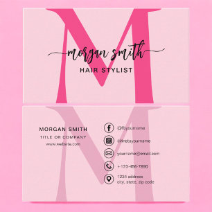 Hot Pink Modern Script Girly Monogram Naam Visitekaartje