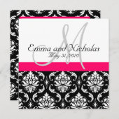 Hot PInk Monogram Damask Wedding Invitation Kaart (Voorkant / Achterkant)